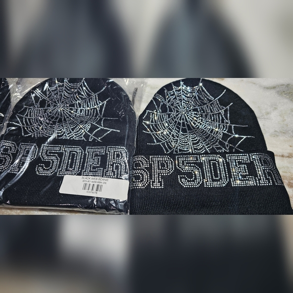 SP5DER, YOUNG THUG, 100% AUTHENTIC BLACK RHINESTONE WEB BEANIE NWT Spider - Picture 3 of 7